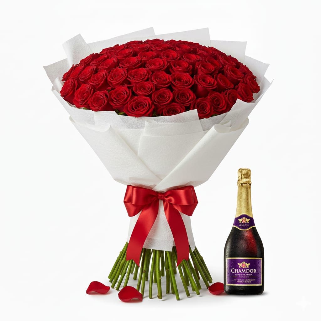 Valentine Red Roses with Chamdor Non-alcoholic Wine Gift - Peponi Road Delivery Valentine's Day Roses Peponi Road, Red roses Peponi road, Valentine delivery Peponi Road, Valentine's day gifts Peponi Road, Romantic roses & wine gift